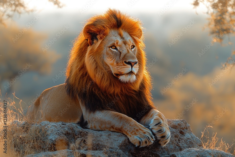 Obraz premium Majestic African Lion Resting on a Rock at Sunset