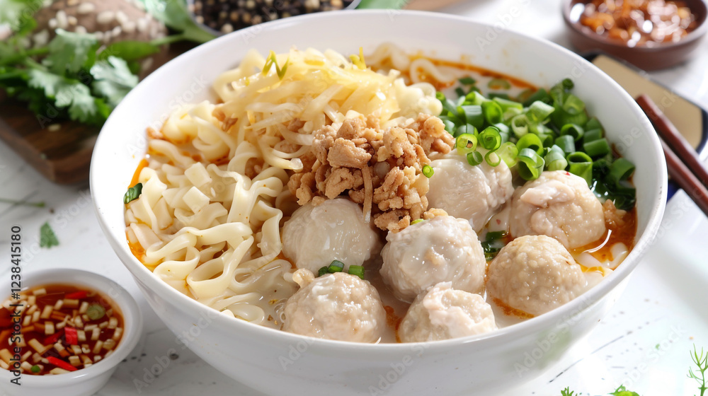 Egg noodles with chicken balls with clean soup on a white bowl Egg noodles with chicken balls with clean soup on a white bowl