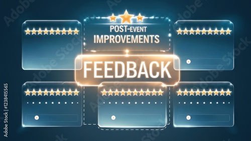 Remote event planning concepts. Post-event feedback graphic featuring rating stars and improvement sections.
