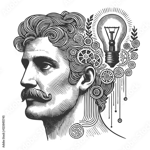 man profile with gears, tools, lightbulb symbolizing innovation and creativity sketch engraving generative ai fictional character vector illustration. Scratch board imitation. Black and white image.
