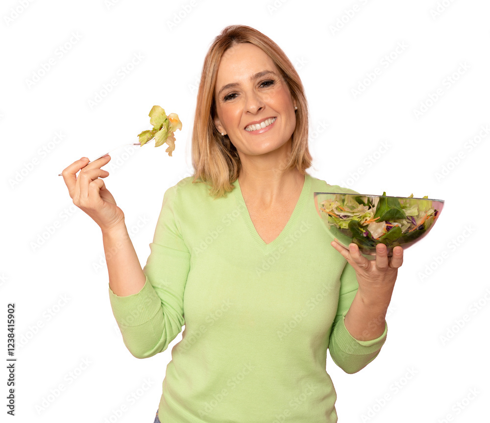 Young woman eating a healthy salad isolated over transparent background. PNG transparent. Young woman eating a healthy salad isolated over transparent background. PNG transparent.
