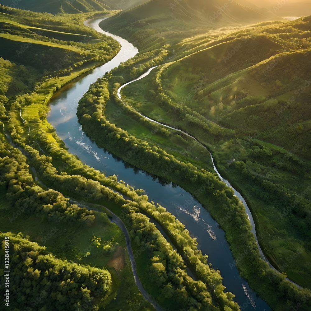 Aerial View of Winding River in Green Valley Aerial View of Winding River in Green Valley