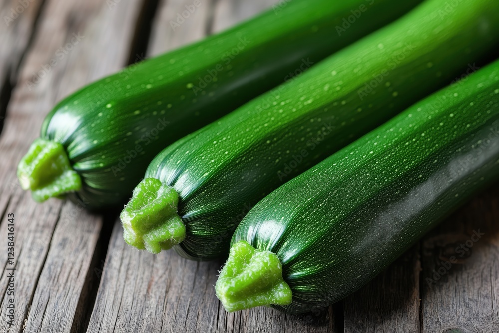 Three fresh green zucchinis placed on a rustic wooden table. Three fresh green zucchinis placed on a rustic wooden table.