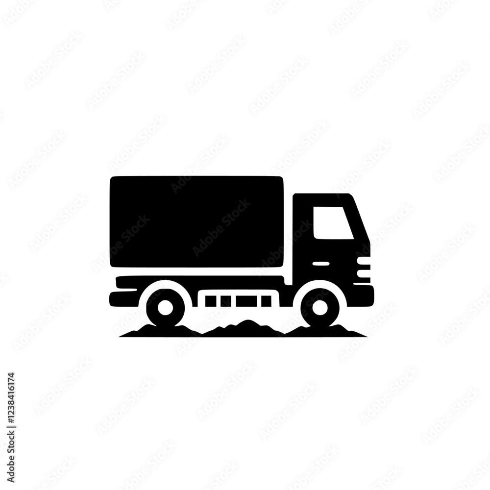 Black Silhouette of Delivery Truck on the Ground. Simple and bold design for transportation, logistics, and delivery concepts. Black Silhouette of Delivery Truck on the Ground. Simple and bold design for transportation, logistics, and delivery concepts.