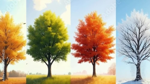 The four seasons in a tree are reflected in the water of a lake. Concept of weather changing and cycle
