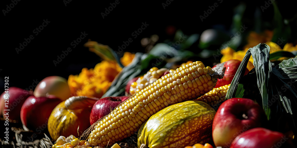 Corn, Apples, and Gourds in Autumnal Arrangement Corn, Apples, and Gourds in Autumnal Arrangement