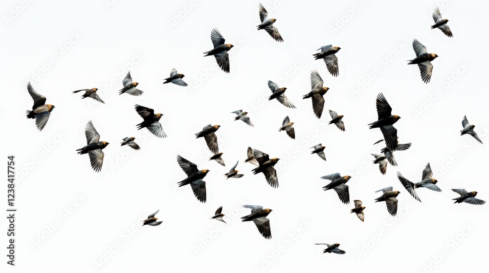 Flock of Birds Soaring in the Sky: Captivating View of Flying Birds in Formation Against a Light Background Flock of Birds Soaring in the Sky: Captivating View of Flying Birds in Formation Against a Light Background