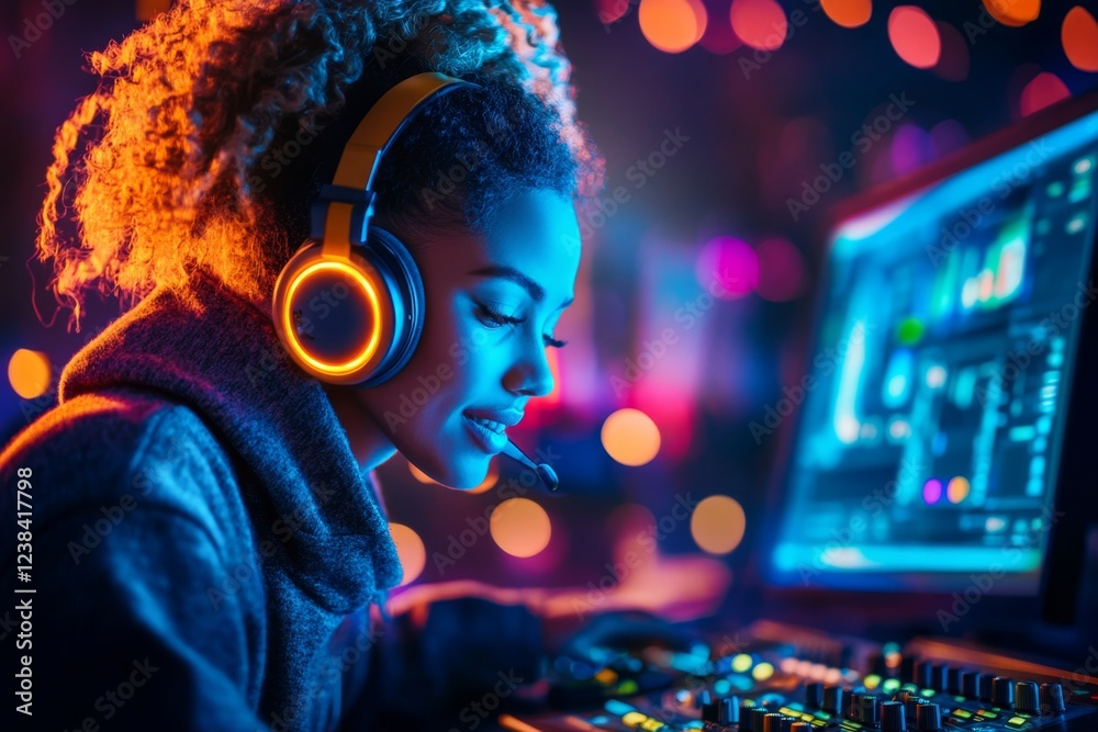 A radio host fluently speaking in a foreign language during an international broadcast, with a microphone and soundboard in the studio A radio host fluently speaking in a foreign language during an international broadcast, with a microphone and soundboard in the studio