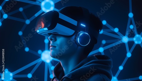 A person wearing a futuristic VR headset, surrounded by luminous blue and glowing network-like patterns, with a dark background. The individual has a profile view, wearing a hoodie, and appears immers