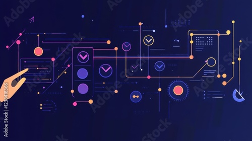 business planning interface design, sequential workflow icons, interactive timeline display, navy background gradient, hand touching virtual element, calendar to checkmark progression, white line