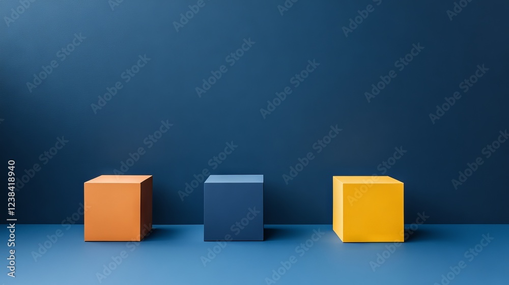 business team distribution concept, fluid shape design, symbolic cube elements, navy yellow coral color palette, minimalist corporate visual, clean geometric arrangement, bright blue surface, business team distribution concept, fluid shape design, symbolic cube elements, navy yellow coral color palette, minimalist corporate visual, clean geometric arrangement, bright blue surface,