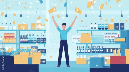 Man celebrating success in a retail store amidst falling confetti and boxes.