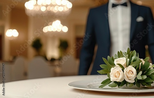 Networking event idea. Elegant floral arrangement on a dining table, symbolizing celebration and romance. photo