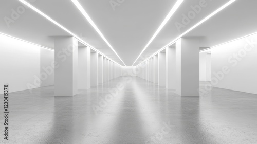 commercial space visualization, monochromatic white interior, linear ceiling light arrangement, industrial concrete flooring, minimalist office design, institutional lighting concept, architectural