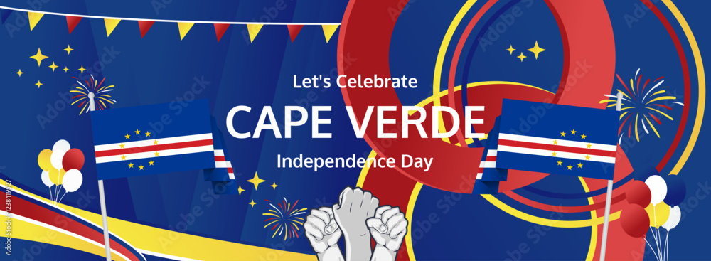 Happy independence day Cape Verde. Horizontal poster of Cape Verde national day with flag. July 5. Festive design concept for holiday celebration banner, greeting card, feast and congratulations