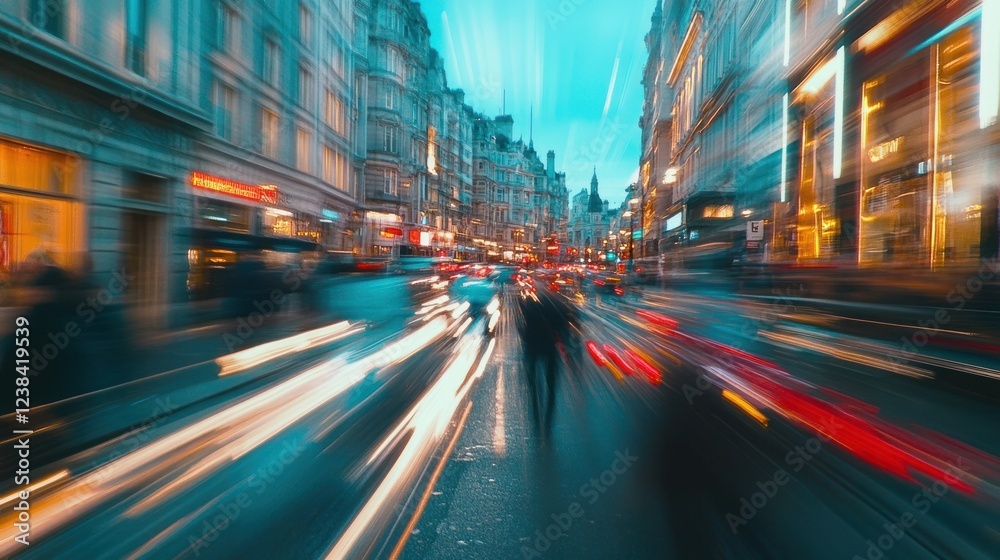 Obraz premium Blurred city street at night with people walking and cars driving.