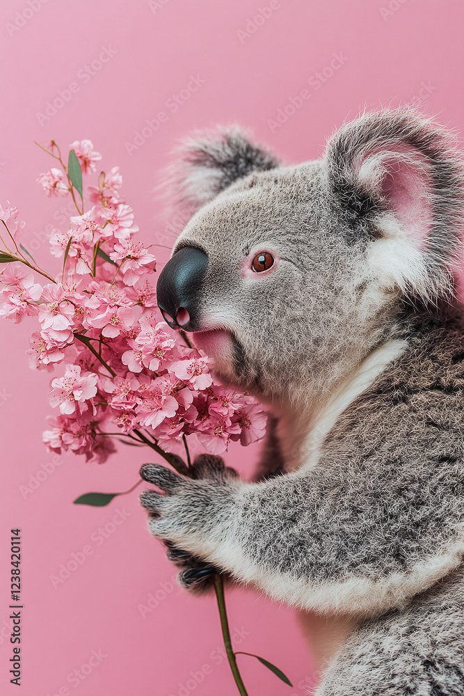 Fototapeta premium Koala with Pink Flowers - A Sweet Encounter