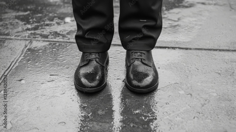 Rainy day, city street, man's shoes, wet pavement, urban scene Rainy day, city street, man's shoes, wet pavement, urban scene