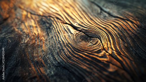Close-Up View of Textured Wooden Surface with Natural Patterns Highlighting Grain, Knots, and Variations in Light for Artistic or Nature-Themed Designs