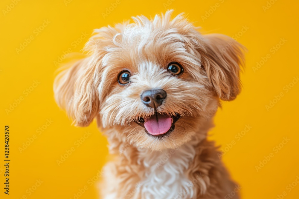 Adorable Fluffy Dog With Happy Expression Against Yellow Background. Adorable Fluffy Dog With Happy Expression Against Yellow Background.