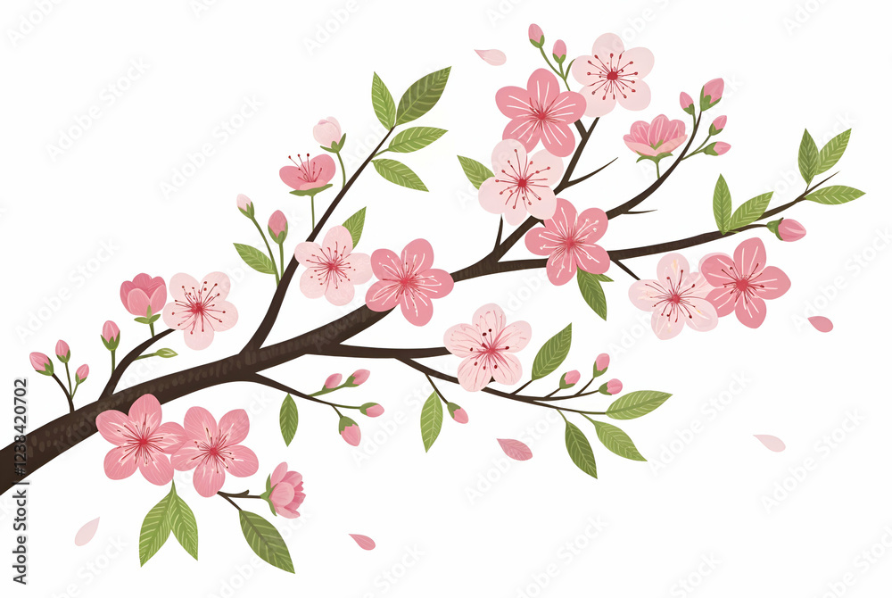 A beautiful illustration of a blossoming cherry branch adorned with pink flowers and green leaves, symbolizing spring and renewal. A beautiful illustration of a blossoming cherry branch adorned with pink flowers and green leaves, symbolizing spring and renewal.