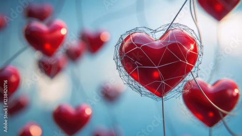 Intricate Heart Shapes in a Dreamy Blue Background Representing Love, Emotion, and Connection Through Artful Design and Soft Lighting for Romantic Themes