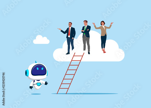 Business people climb up ladder up the cloud with no space left for robot. Gap, people domination in company executive board,  inequality in management position. Flat vector illustration.