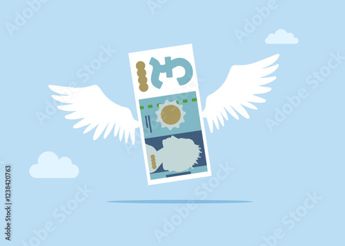 Pound sterling banknote flying with wings like a bird. Concept of investment, wealth, spending, inflation and loss of savings. Flat vector illustration