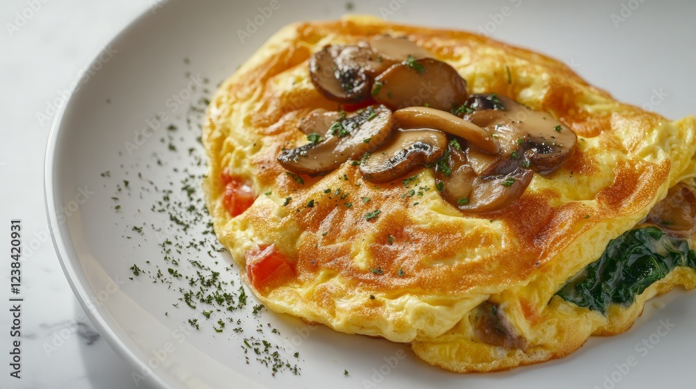A fluffy omelet filled with sauted mushrooms, spinach, and cheese, served on a white plate with a sprinkle of herbs. A fluffy omelet filled with sauted mushrooms, spinach, and cheese, served on a white plate with a sprinkle of herbs.