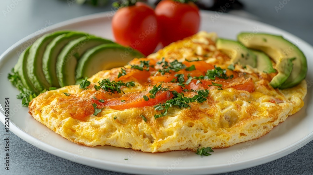 A fluffy omelet with cheese and bell peppers, served with a side of avocado slices on a white plate A fluffy omelet with cheese and bell peppers, served with a side of avocado slices on a white plate