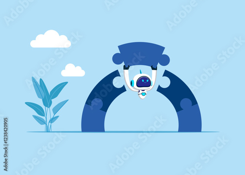Robot connecting jigsaw puzzle bridge. Business deals to achieve digital and technology goal. Flat vector illustration