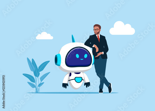 Businessman standing with crossed legs and leaning on robot. Think, aspiration to win and success in technology. AI assistant support. Flat vector illustartion