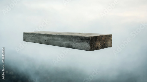 Floating Wooden Plank on a Misty Background, Capturing the Essence of Minimalism and Nature, Ideal for Artistic and Creative Projects Aesthetic