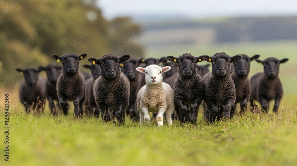 Fototapeta premium One White Sheep Leading a Flock of Black Sheep: A Pastoral Scene