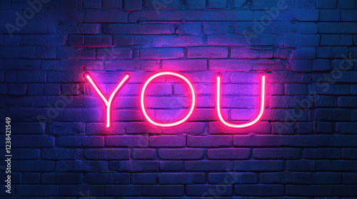 Bright Neon Sign with the Word 'YOU' Illuminated on a Grungy Brick Wall Background, Perfect for Personalization and Modern Decor Concepts