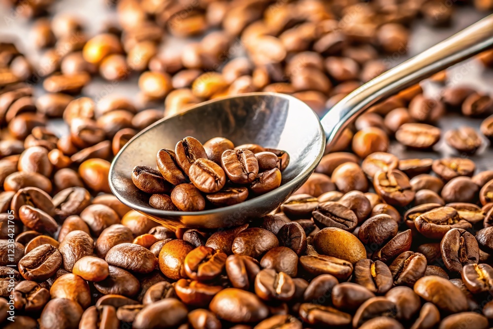 Fototapeta premium Aromatic Coffee Beans Scattered on White Surface with Spoon - Bokeh Background Stock Photo
