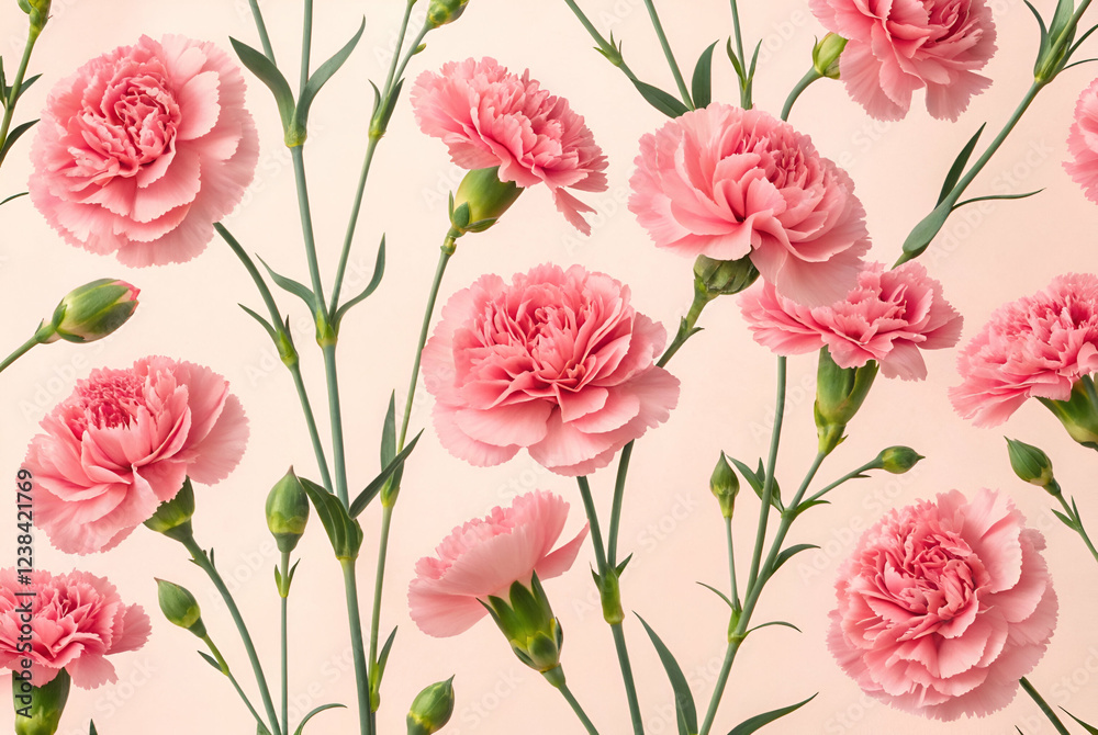 A vibrant floral pattern featuring pink carnations against a soft pink background, showcasing the beauty and elegance of these flowers. A vibrant floral pattern featuring pink carnations against a soft pink background, showcasing the beauty and elegance of these flowers.