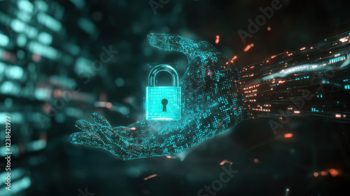 Futuristic Digital Hand Holding a Glowing Lock Symbolizing Cybersecurity and Data Protection in a Virtual Environment