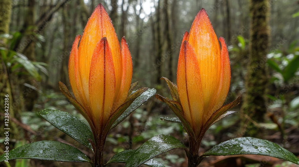 Twin Orange Flowers Blooming In A Forest Twin Orange Flowers Blooming In A Forest