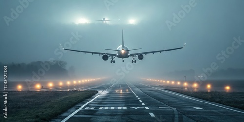 A foggy runway with a jetliner descending for landing, another aircraft visible in the distance under low visibility conditions.