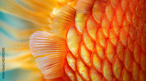 Stunning Close-up of Vibrant Orange Fish Scales Showcasing Intricate Textures and Colors Against a Soft Blue Background in Underwater Photography