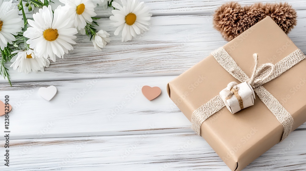 Fototapeta premium Romantic Gift Present with Daisies and Hearts on Rustic White Wooden Background