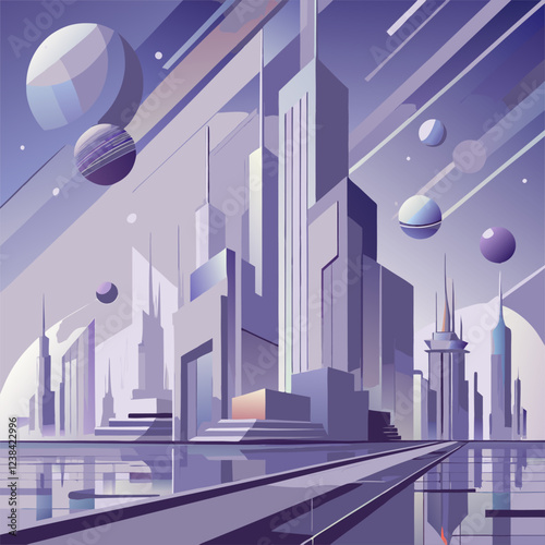 Modern cityscape with futuristic buildings and floating planets in the sky.