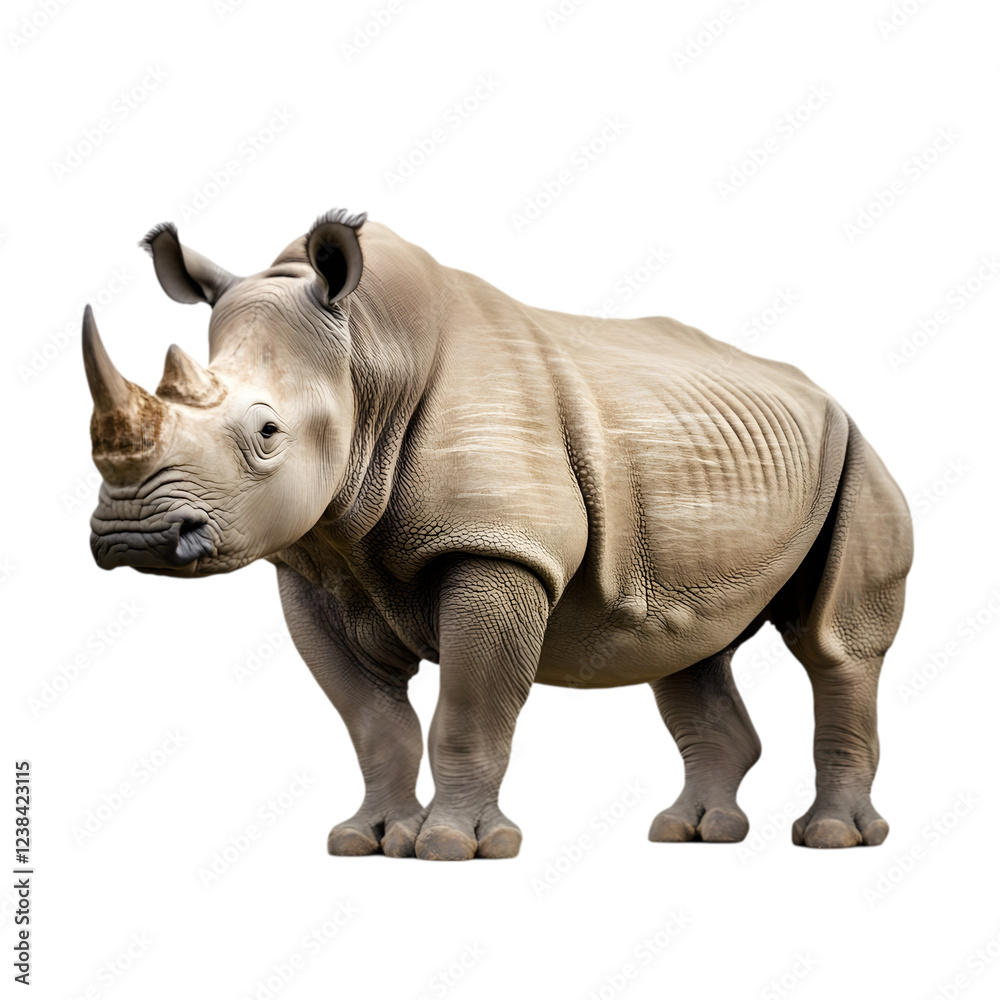 Obraz premium A large, imposing rhino with thick skin, standing firmly on a white surface. Transparent background