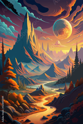 Fantastical Mountain Landscape with a Glowing Moon and Twisted Trees.