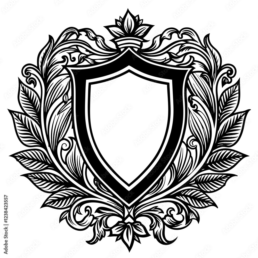 Classic Heraldic Shield with Leafy Wreath and Regal Crown. Classic Heraldic Shield with Leafy Wreath and Regal Crown.