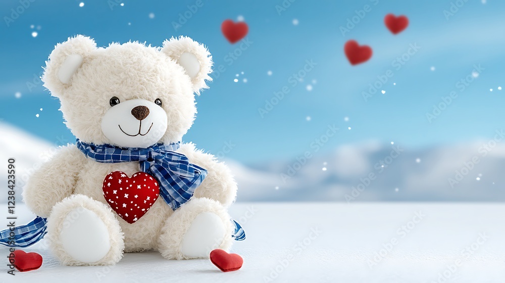 Adorable White Teddy Bear with Red Heart in Snowy Winter Wonderland Scene Adorable White Teddy Bear with Red Heart in Snowy Winter Wonderland Scene