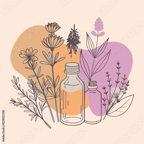 Hand-Drawn Bottles with Herbs and Flowers in Soft Pastel Colors.
