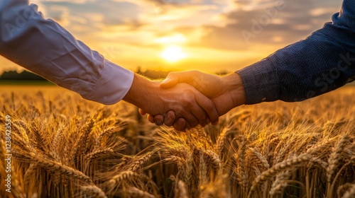 farming partnership agreement, sunset in wheat fields, casual business attire, countryside backdrop, digital device documentation, natural lighting, agricultural consultation, verdant farmland,