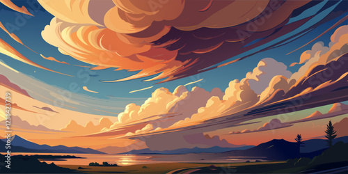 Dramatic Cloudy Sky over a Serene Landscape with Distant Mountains.
